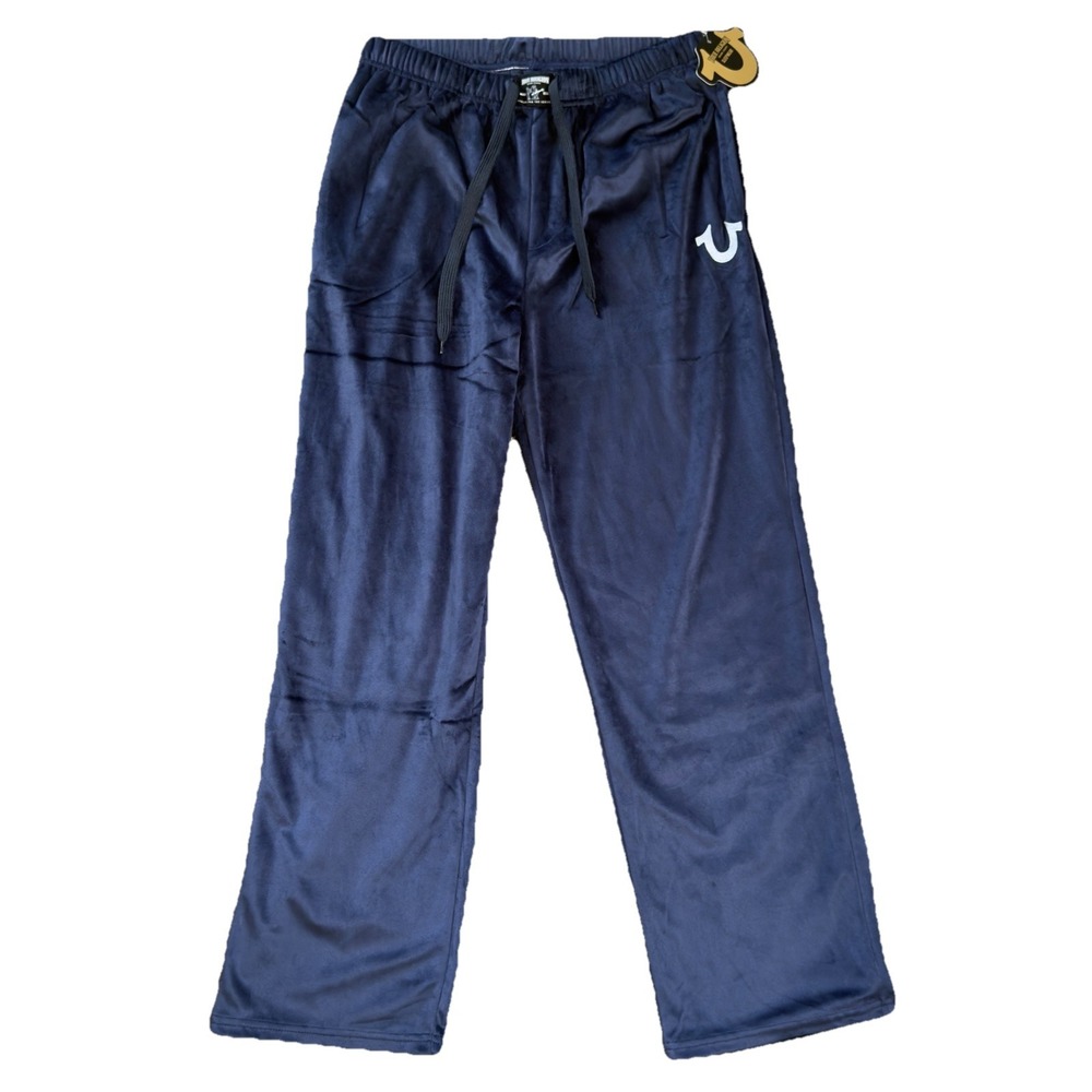 True‎ Religion Pants Mens sz M Blue Velour Sweatpants Logo Lounge Pockets NWT